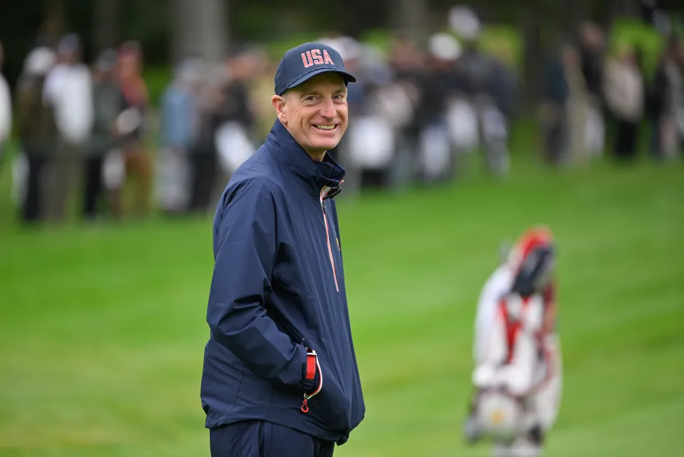 Jim Furyk U.S. Team Captain looks on during practice prior to the 2024 Presidents Cup at The Royal Montreal Golf Club on September 25, 2024 in Montreal, Quebec. 