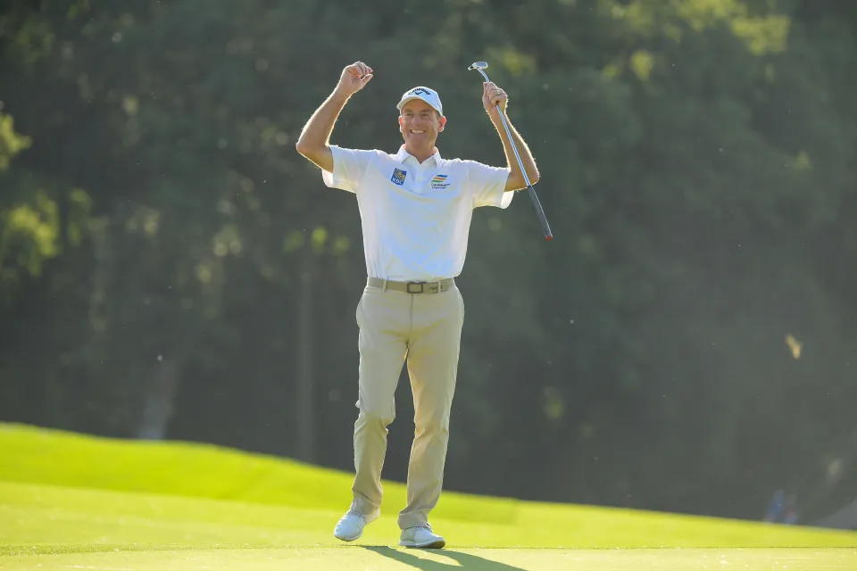 Jim Furyk of the United States reacts after his putt on the 18th hole during the final round of the U.S. Senior Open Championship at the Omaha Country Club  on July 11, 2021 in Omaha, Nebraska.