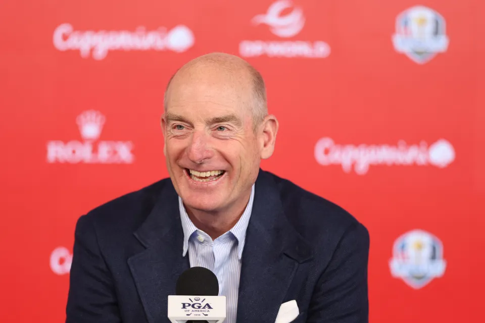 Jim Furyk of the United States talks with media during a press conference prior to the PGA Championship at Aronimink Golf Club on May 13, 2026 in Newtown, Pennsylvania. 