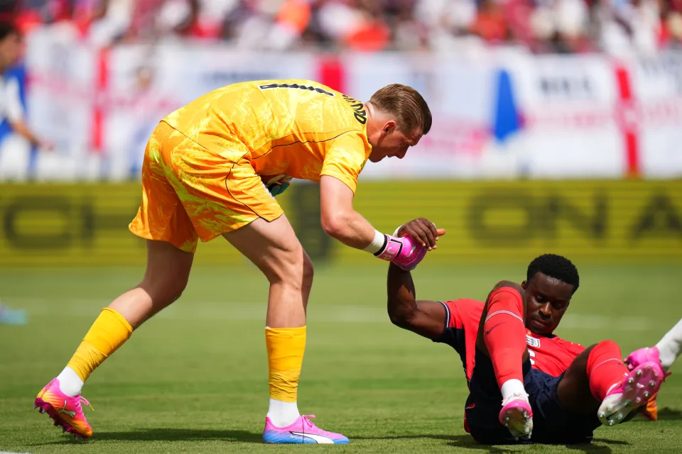 Jordan Pickford helps Marc Guehi up