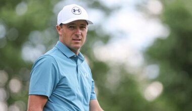 Jordan Spieth nearly hits someone in the head with his golf shot during US Open practice round at Shinnecock