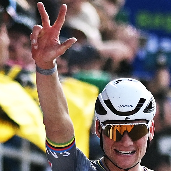 ROUBAIX, FRANCE - APRIL 13: Mathieu Van Der Poel of Netherlands and Team Alpecin - Deceuninck celebrates at finish line as race winner during the 122nd Paris - Roubaix 2025 a 259.2km one day race from Compiegne to Roubaix / #UCIWT / on April 13, 2025 in Roubaix, France. (Photo by Dario Belingheri/Getty Images)
