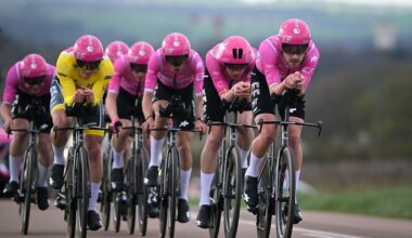 EF Education-EasyPost with race leader Luke Lamperti in yellow during the team time trial in Paris-Nice 2026