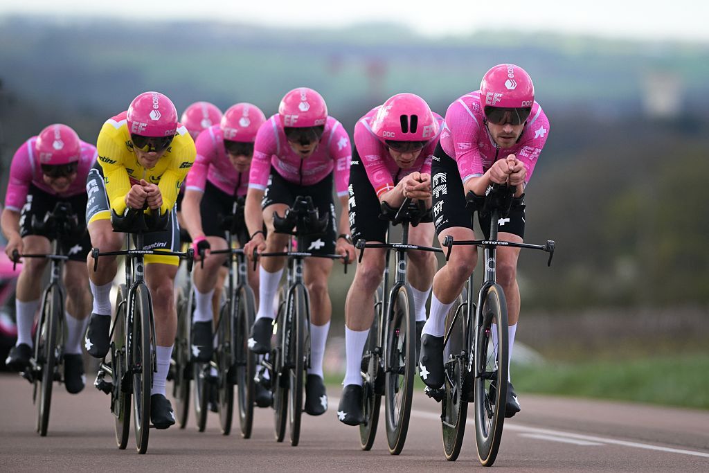EF Education-EasyPost with race leader Luke Lamperti in yellow during the team time trial in Paris-Nice 2026