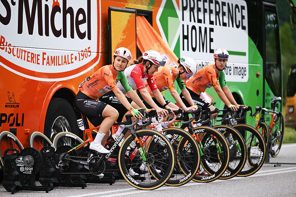 LONGARONE, ITALY - JUNE 03: (L-R) Clara Emond of Canada, Alison Jackson of Canada and Team St Michel - Preference Home - Auber93 prior to the 37th Giro d&amp;apos;Italia Women 2026, Stage 5 a 146km stage from Longarone to Sante Stefano di Cadore 911m / #UCIWWT / on June 03, 2026 in Longarone, Italy. (Photo by Luc Claessen/Getty Images)