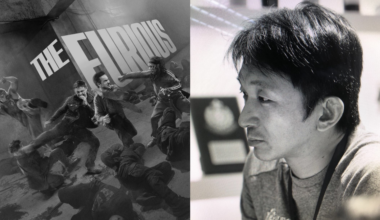 Kenji looking to the side next to a movie poster for The Furious depicting an intense martial arts street fight.
