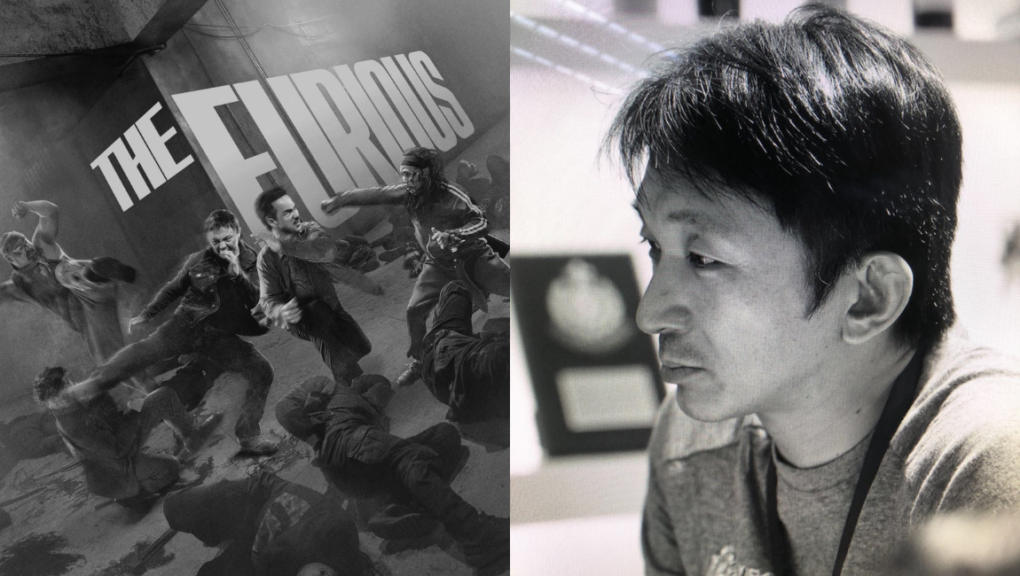 Kenji looking to the side next to a movie poster for The Furious depicting an intense martial arts street fight.