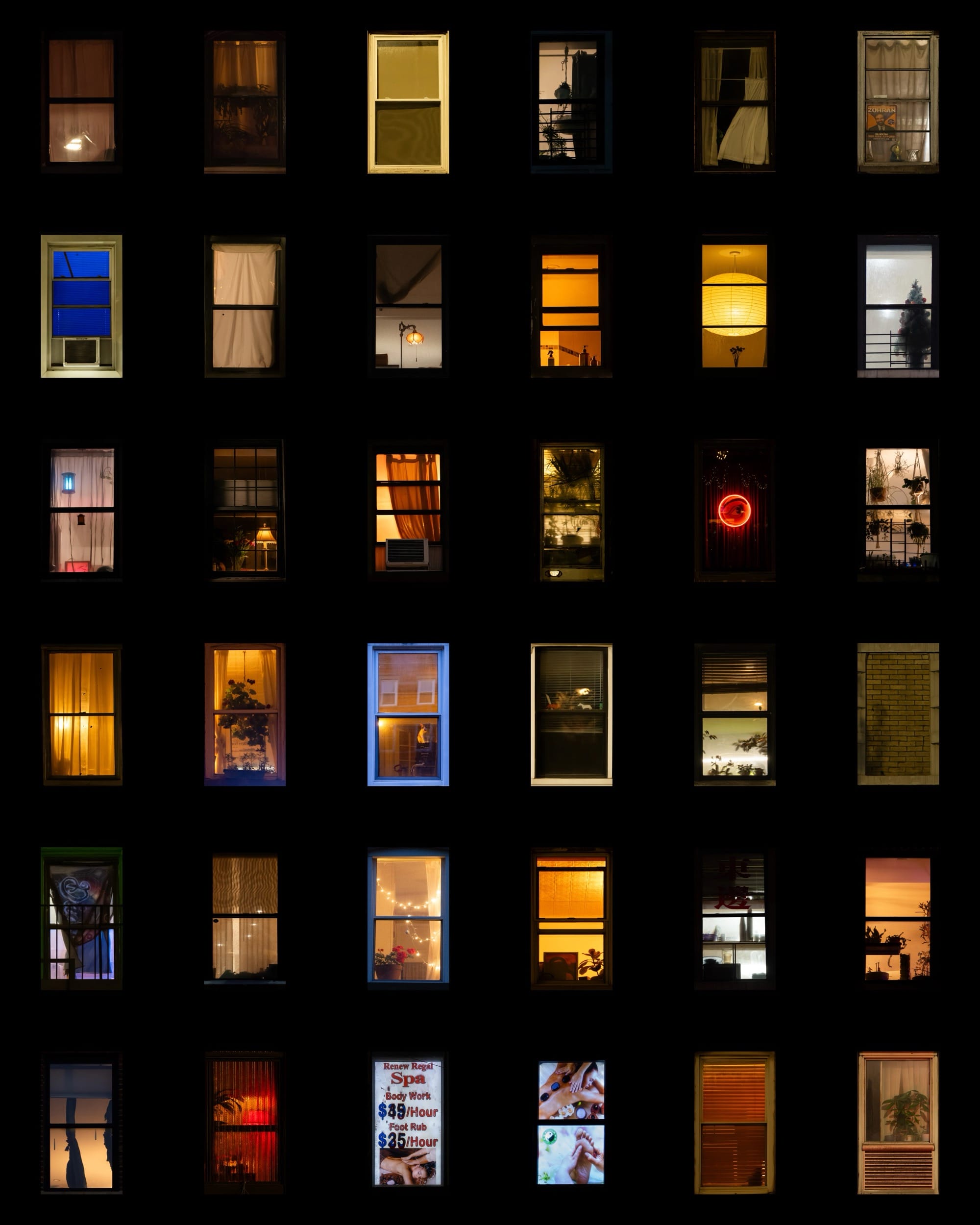 a composite grid of nighttime photographs of windows in New York City