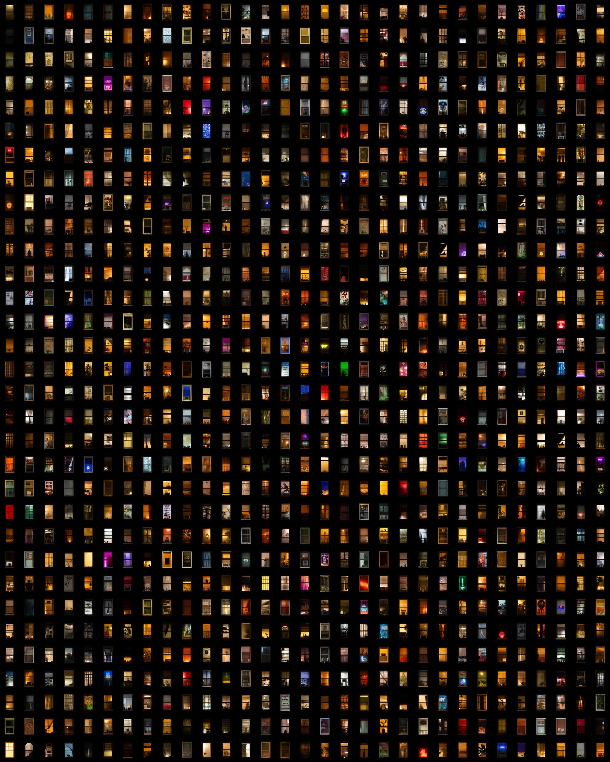 a composite grid of nighttime photographs of hundreds of windows in New York City