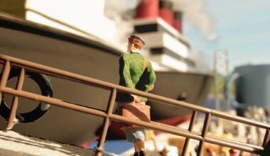 a photograph of a miniature tableau by Derrick Lin of a figure walking a gangplank onto a ship, carrying a small suitcase