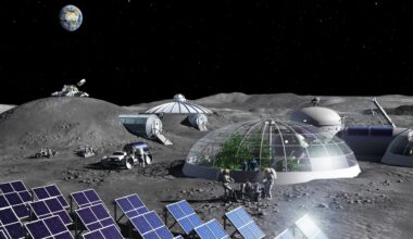 astronauts in bulky space suits walk on a dusty grey surface among glass-domed habitats under a black starless sky