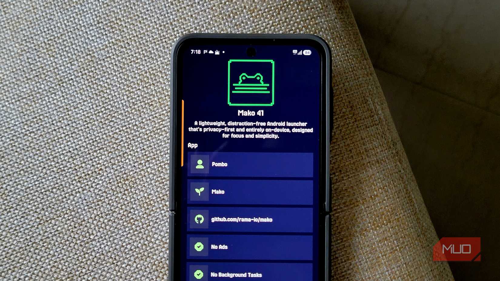 Mako 41 launcher about page on Android