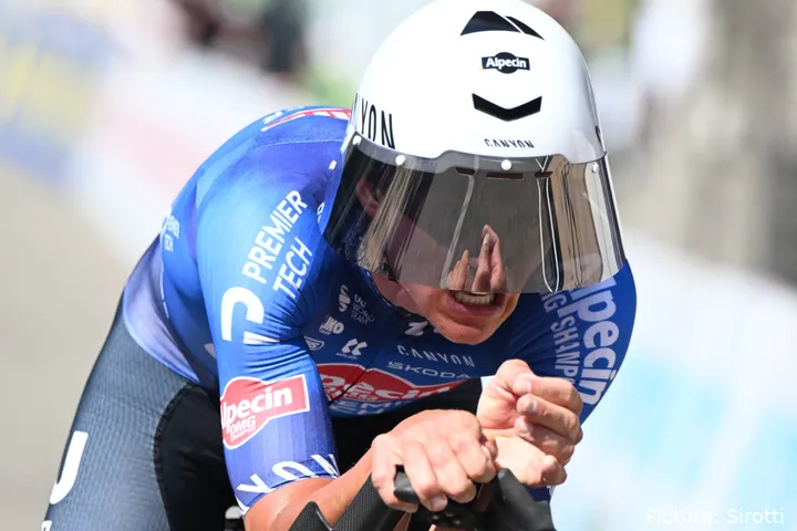Mathieu van der Poel in time trial action at the 2026 Tour de Suisse