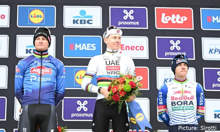 mathieu van der poel tadej pogacar and remco evenepoel on the podium of the 2026 tour of flanders