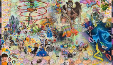 a vertical, very detailed painting of Alberta and its famous people, places, heritage, arts, and culture