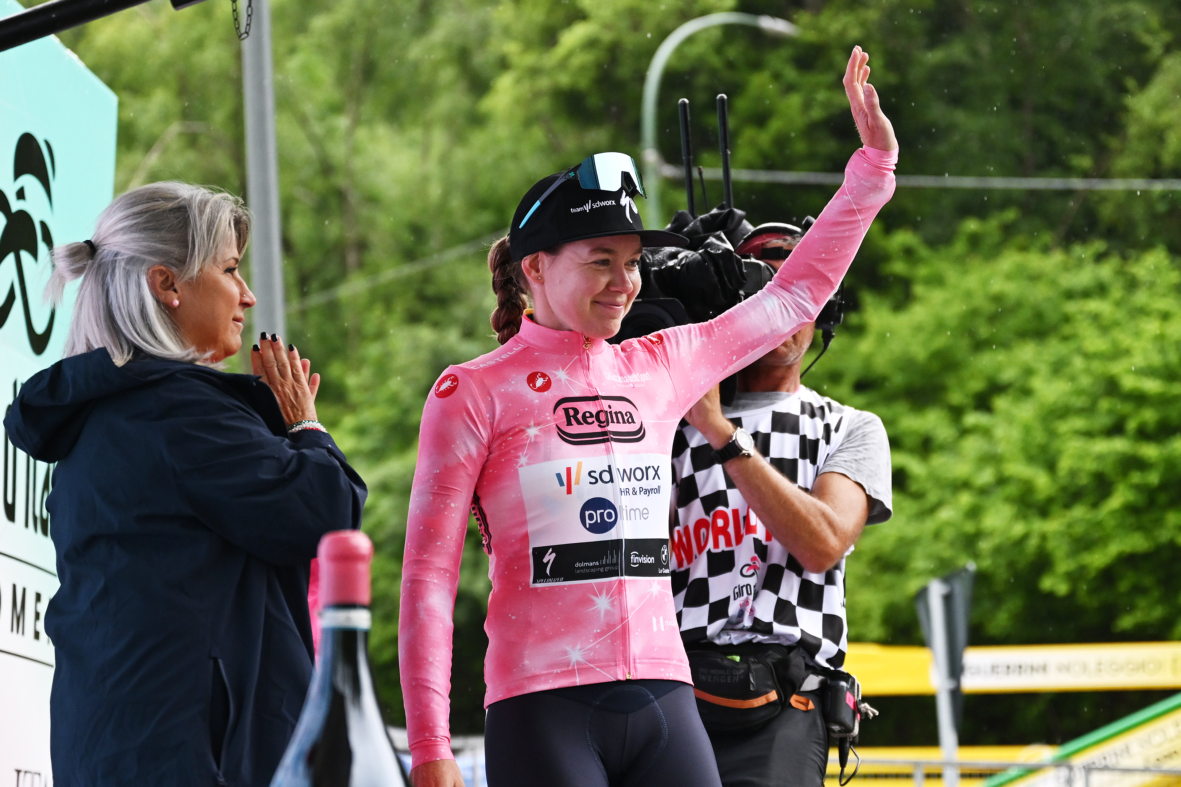 NEVEGAL, ITALY - JUNE 02: Anna van der Breggen of Netherlands and Team SD Worx - Protime celebrates at podium as Pink Leader Jersey winner during the 37th Giro d'Italia Women 2026, Stage 4 a 12.7km individual time trial stage from Belluno to Nevegal 1052m / #UCIWWT / on June 02, 2026 in Nevegal, Italy. (Photo by Luc Claessen/Getty Images)