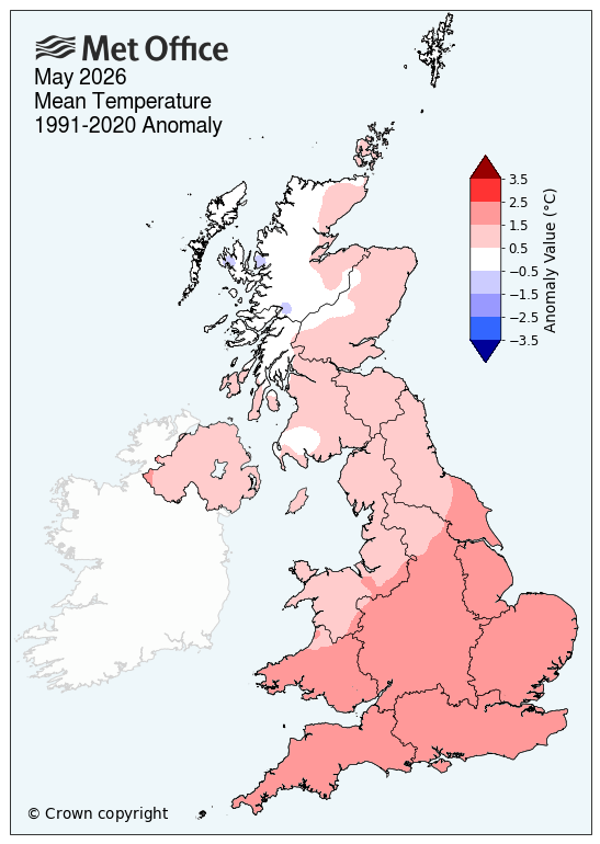 UK map showing mean temperature for May 2026