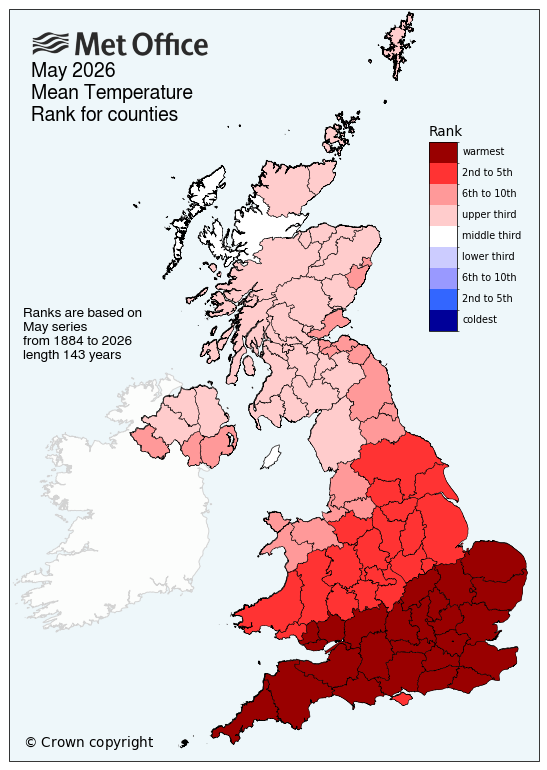 UK map showing mean temperature May 2026 ranked for counties