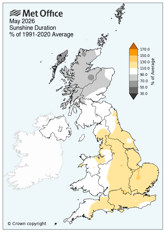 UK map showing sunshine for May 2026