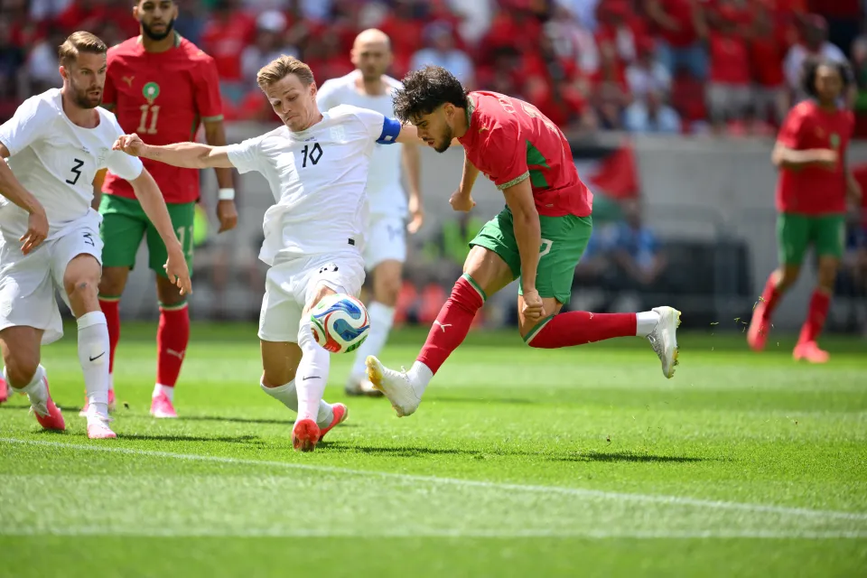 Abde Ezzalzouli shoots on goal during the international friendly football match between Morocco and Norway
