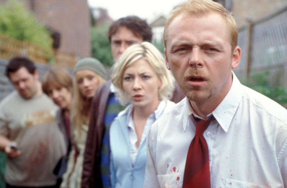 Shaun of the Dead shaun of the dead still, with shaun leading the gang in a line outside, with everyone looking a bit confused