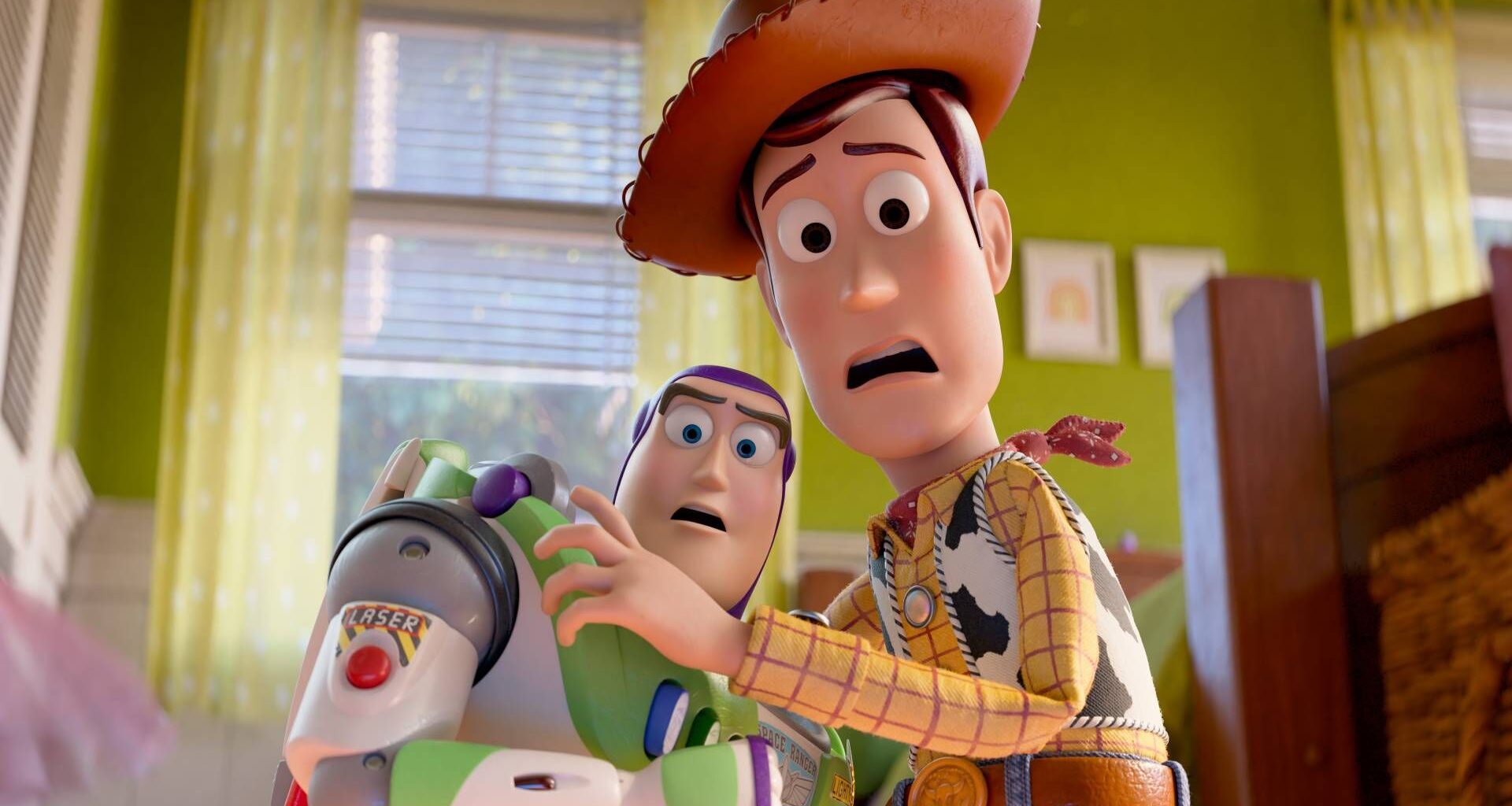 Buzz and Woody look scared in Toy Story 5