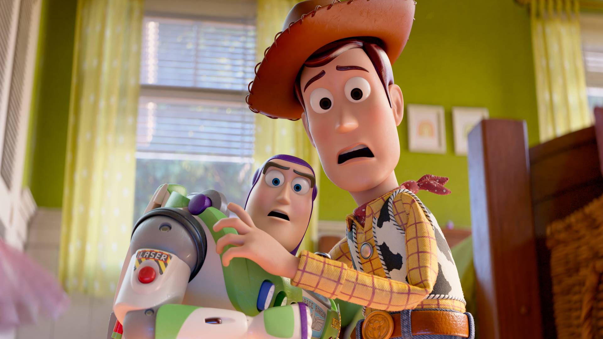 Buzz and Woody look scared in Toy Story 5