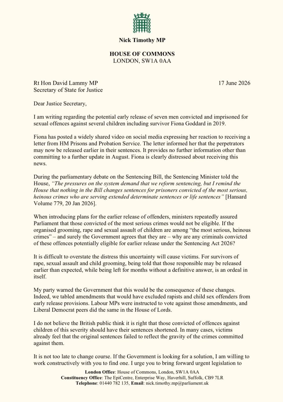 Nick Timothy's letter to David Lammy part 1