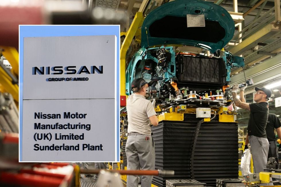 Nissan Sunderland sign and car building at the Nissan factory in Sunderland