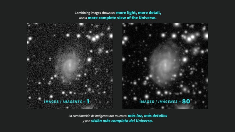 Two black-and-white images of a galaxy are shown side by side. The left image is grainy and faint (labeled "IMAGES = 1"), while the right is sharper and clearer ("IMAGES = 80"); English and Spanish explanatory text appears above and below.