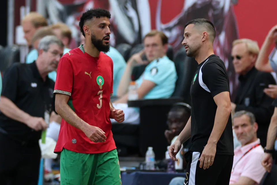 Noussair Mazraoui of Morocco exits the pitch injured during the international friendly match between Morocco and Norway