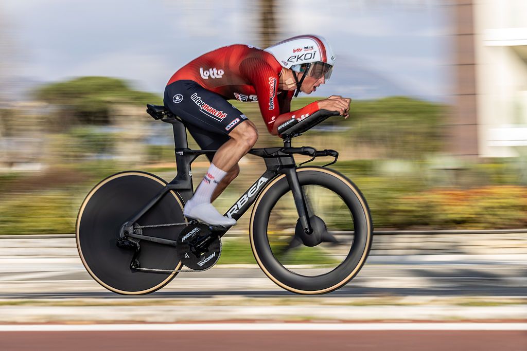 Huub Artz participates in the first stage of the Tirreno-Adriatico cycling race, an 11.5 km individual time trial in Lido di Camaiore, Italy, on March 9, 2026 (Photo by Paolo Giuliani/NurPhoto via Getty Images).