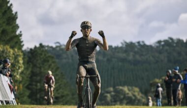Cameron Scott sails over the line at the AusCycling Gravel National Championships 2026