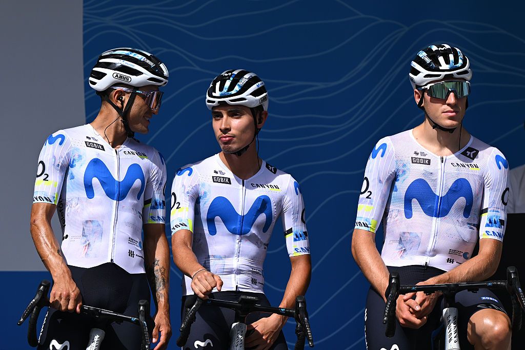 VIZILLE, FRANCE - JUNE 07: Diego Pescador of Colombia and Team Movistar (C) prior to the 78th Tour Auvergne-Rhone-Alpes 2026, Stage 1 a 146.2km stage from Vizille to Saint-Ismier / #UCIWT / on June 07, 2026 in Vizille, France. (Photo by Dario Belingheri/Getty Images)