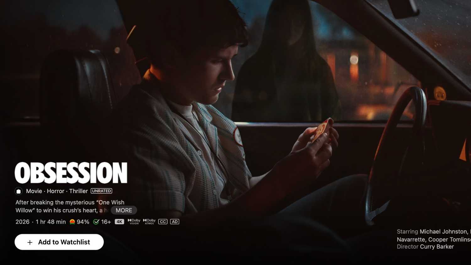 An image of the listing for the movie Obsession in Apple TV. 