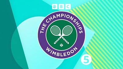 The Championships Wimbledon logo is set against a turquoise and green patterned background, which also features the BBC Radio 5 Live logo