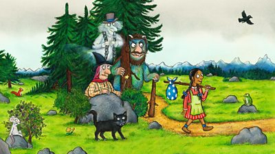 Illustration of the baddies, a girls is walking in a forrest followed by a witch, a ghost and a monster