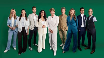 A composite group shot of seven Wimbledon presenters, Laura Robson, Jamie Murray, Isa Guha, Clare Balding, Andrew Castle, Annabel Croft and Tim Henman, standing against a dark green background