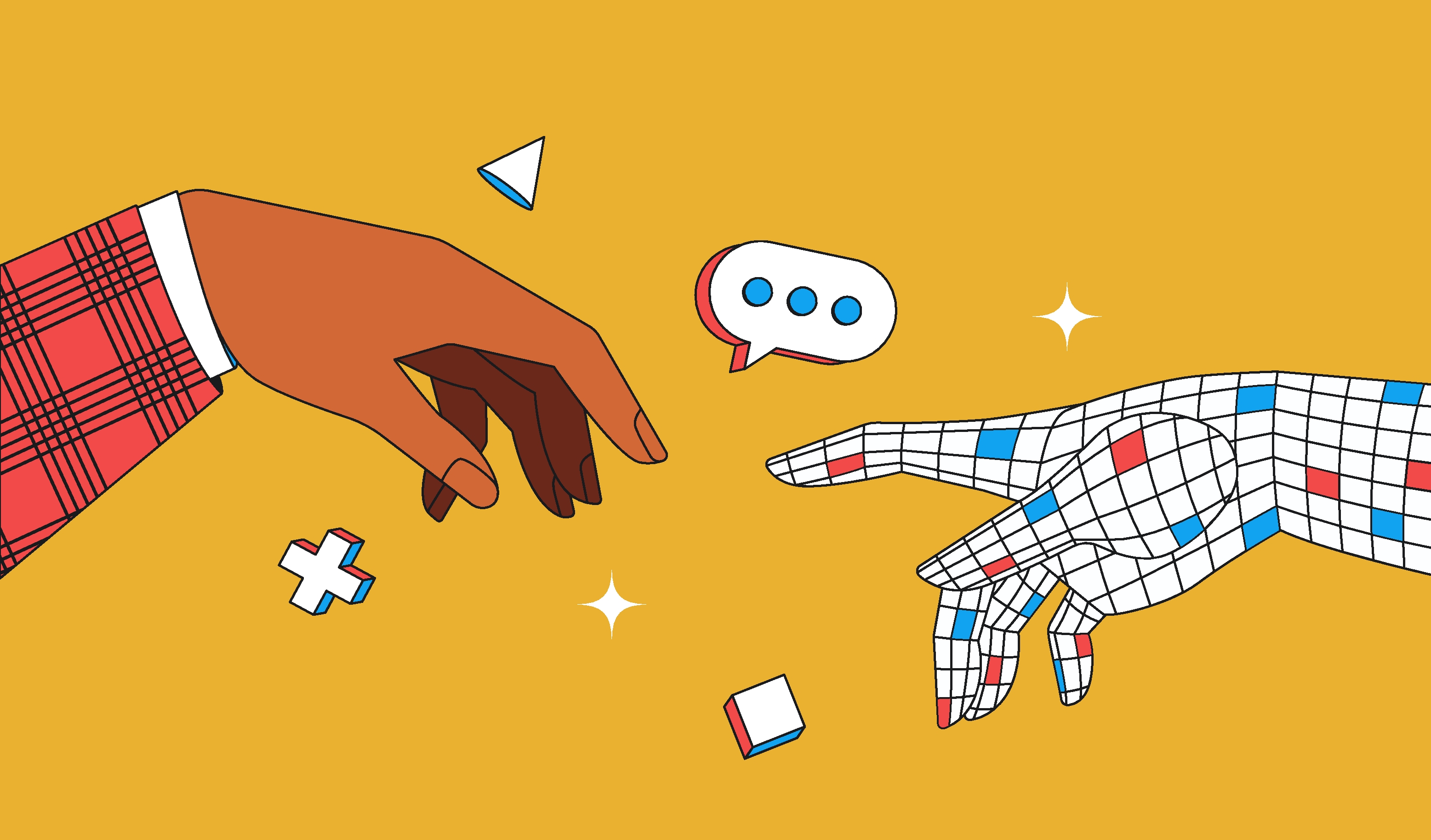 Human hand and AI hand getting contact on the yellow background.