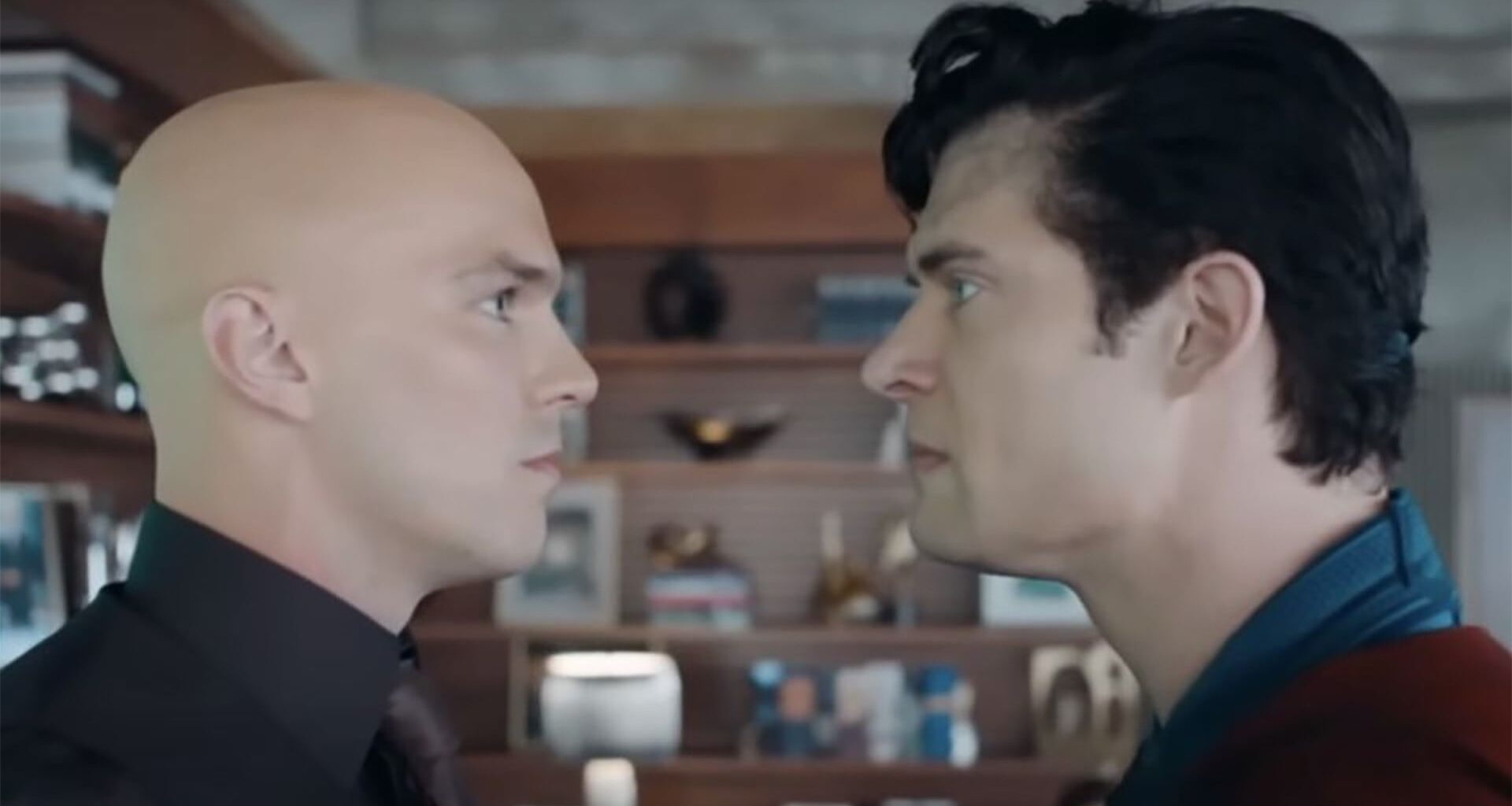 Lex Luthor (Nicholas Hoult) staring down Superman (David Corenswet)