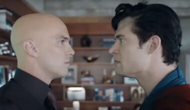 Lex Luthor (Nicholas Hoult) staring down Superman (David Corenswet)