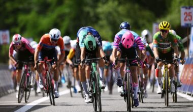 SAINT-GAUDENS, FRANCE - JUNE 19: (L-R) Stage winner Noa Isidore of France and Team Decathlon CMA CGM and Ronan Auge of France and Team Unibet Rose Rockets sprint at finish line competes during the 49th La Route d&acute;Occitanie - CIC 2026, Stage 2 a 200.5km stage from Cordes-sur-Ciel to Saint-Gaudens on June 19, 2026 in Saint-Gaudens, France. (Photo by Alex Broadway/Getty Images)