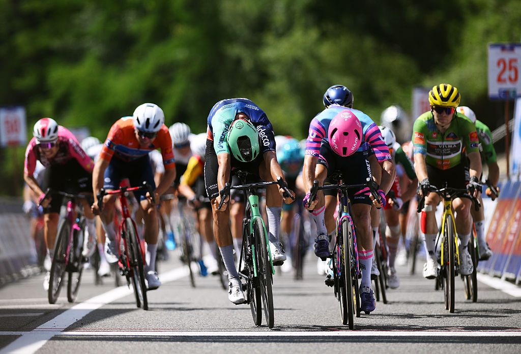 SAINT-GAUDENS, FRANCE - JUNE 19: (L-R) Stage winner Noa Isidore of France and Team Decathlon CMA CGM and Ronan Auge of France and Team Unibet Rose Rockets sprint at finish line competes during the 49th La Route d&acute;Occitanie - CIC 2026, Stage 2 a 200.5km stage from Cordes-sur-Ciel to Saint-Gaudens on June 19, 2026 in Saint-Gaudens, France. (Photo by Alex Broadway/Getty Images)