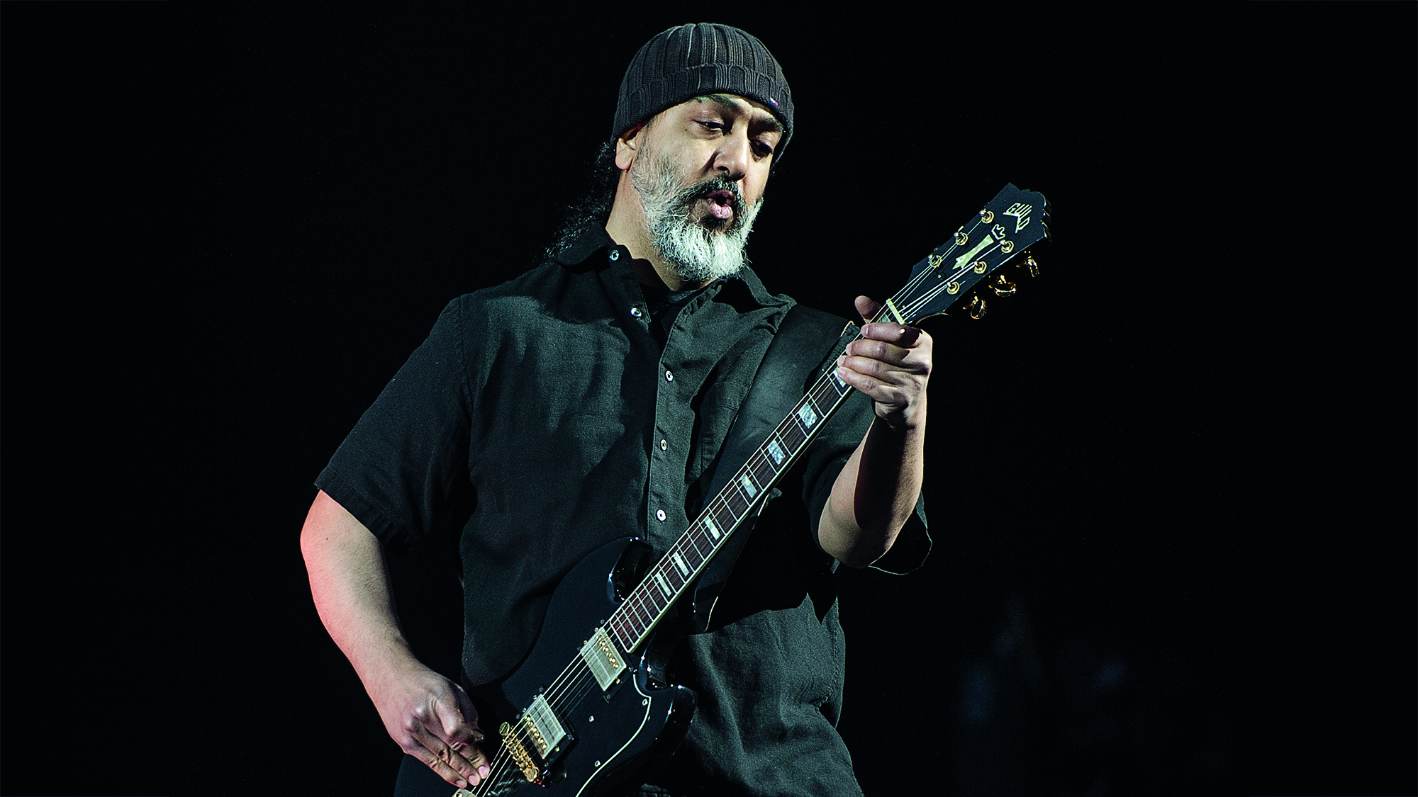 Kim Thayil of American grunge rock band Soundgarden performing live onstage at Hard Rock Calling Festival, July 12, 2012.