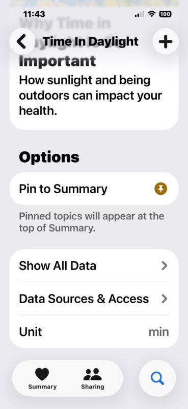 Pin Time in Daylight to your Health summary if you would like to see it on iPhone