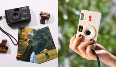 Split image: On the left, a black film camera, film rolls, and printed photos on a white surface. On the right, a hand holds a white camera with a blurred green background.