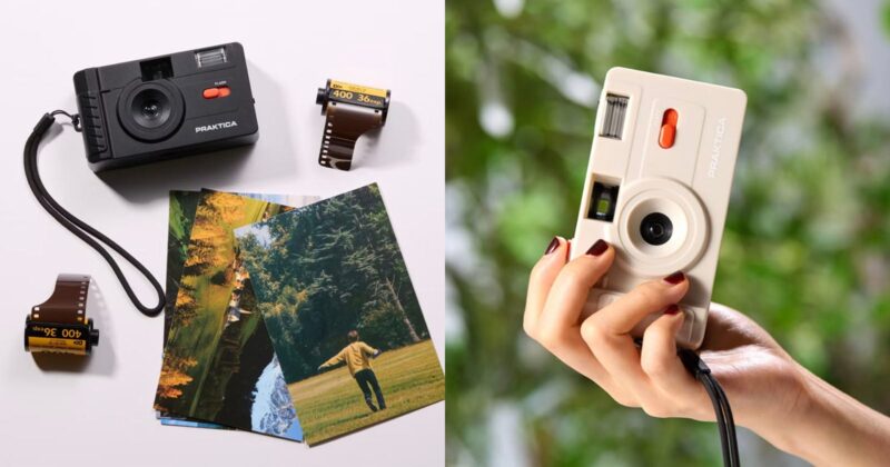 Split image: On the left, a black film camera, film rolls, and printed photos on a white surface. On the right, a hand holds a white camera with a blurred green background.