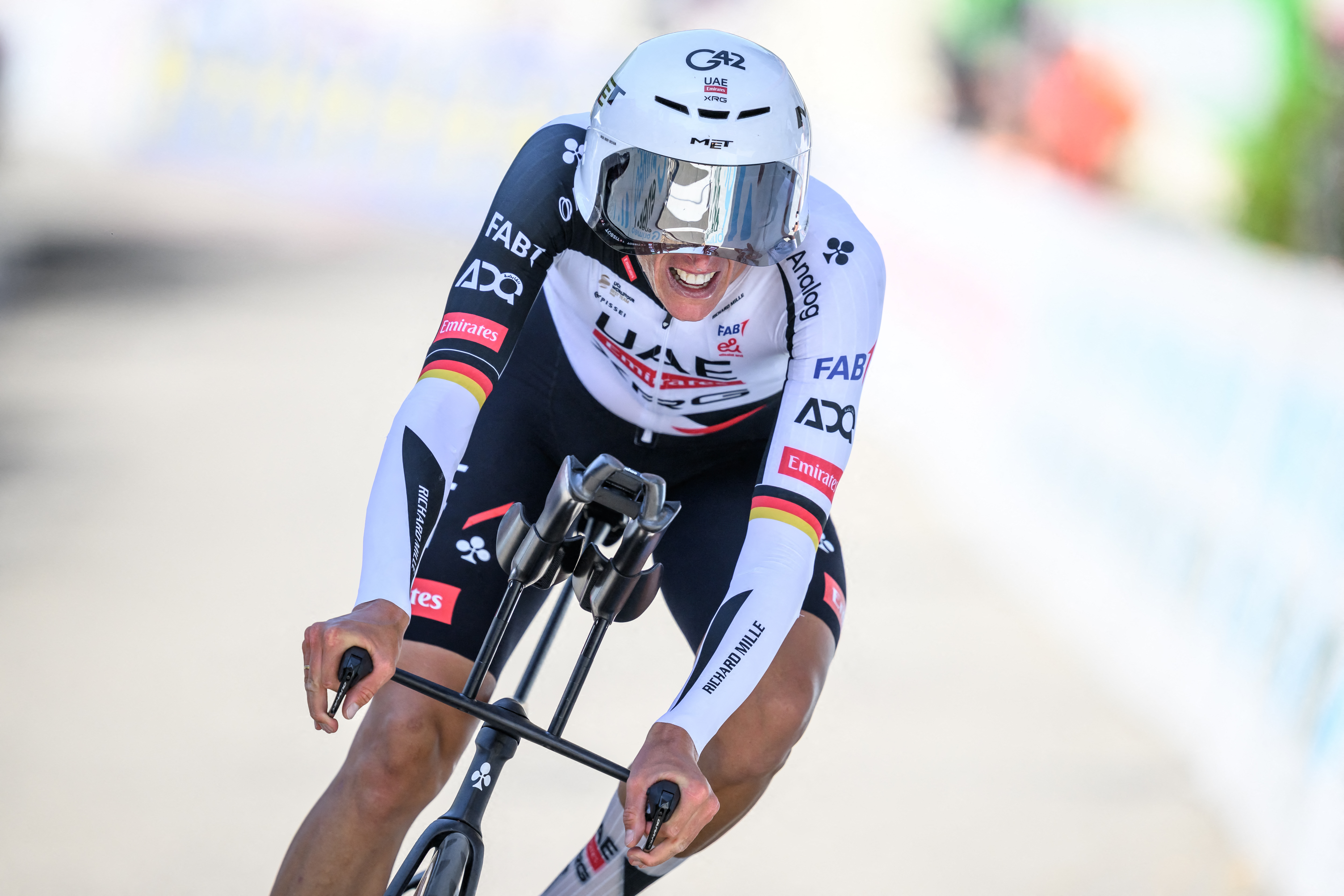 UAE Team Emirates-XRG's German rider Nils Politt competes during the fourth stage, a 23.7 km time trial from Aarburg to Aarburg, at the Men's Tour of Switzerland (Tour de Suisse) cycling race in Aarburg, Switzerland, on June 20, 2026. (Photo by Fabrice COFFRINI / AFP)