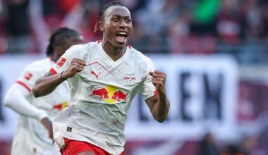 Leipzig's Ivorian forward #49 Yan Diomande celebrates after scoring the 1-1 goal during the Bundesliga football match between RB Leipzig and Augsburg in Leipzig, eastern Germany, on March 7, 2026.