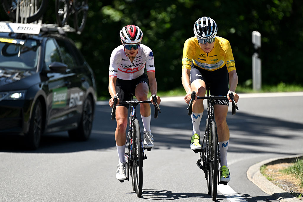 VILLARS-SUR-OLLON, SWITZERLAND - JUNE 21: (L-R) Kasia Niewiadoma of Poland and Team CANYON//SRAM zondacrypto and Marlen Reusser of Switzerland and Team Movistar - Yellow Leader Jersey compete in the breakaway during the 10th Tour de Suisse Women 2026, Stage 5 a 100.4km stage from Villars-sur-Ollon to Villars-sur-Ollon 1249m / #UCIWT / on June 21, 2026 in Villars-sur-Ollon, Switzerland. (Photo by Tim de Waele/Getty Images)